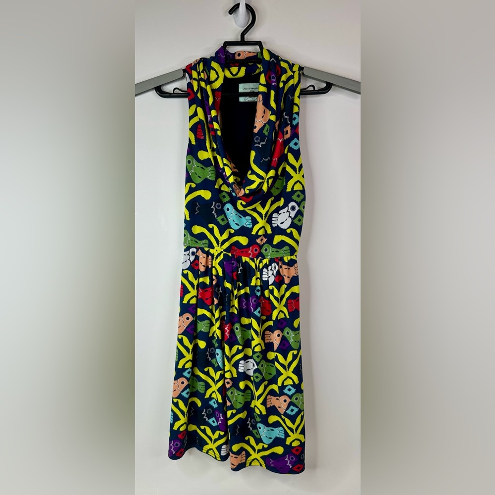 Judith March Midi Dress Women's Small Cowl Neck Racerback Bird Print Summer Navy